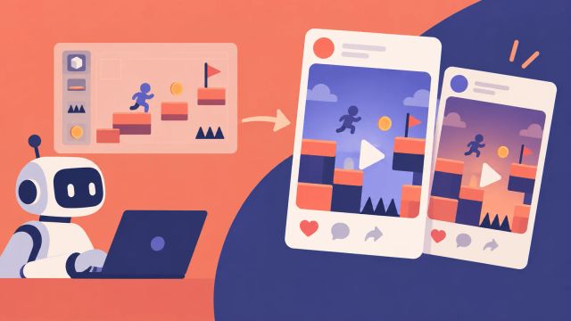Illustration of a small platform game moving from a creation panel into social feed cards