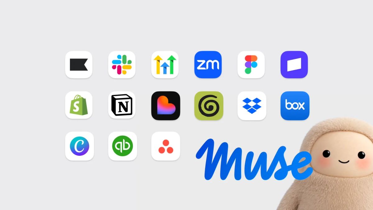 Muse wordmark and mascot beside a grid of business app logos, including Shopify, Slack, QuickBooks, and Dropbox