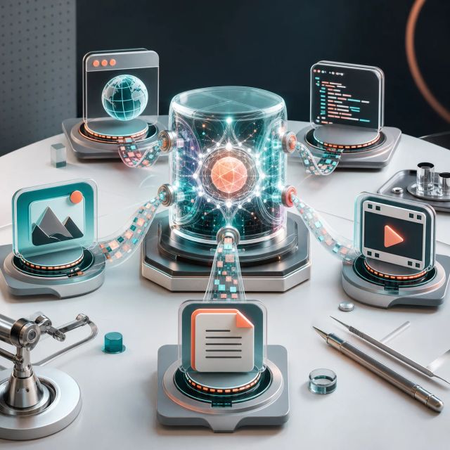A translucent model core connects long-context streams to image, video, code, and document stations