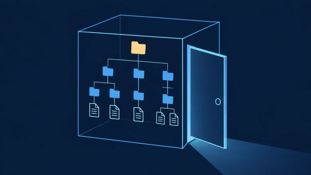 Illustration of folders and documents visible inside an open virtual machine