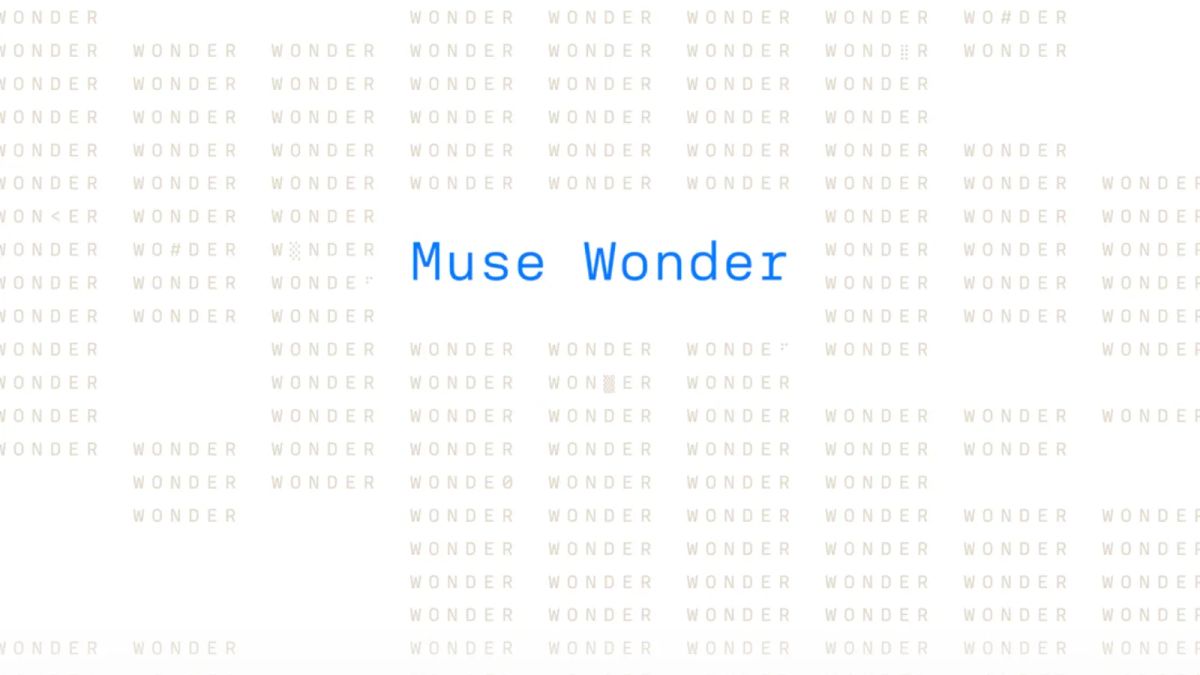 Blue Muse Wonder text on a white background filled with repeated pale Wonder lettering