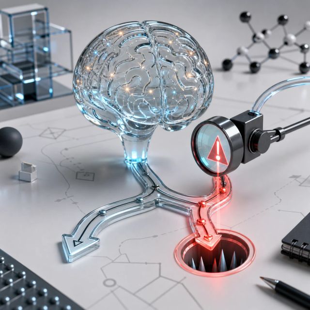 A glass reasoning path highlights a trap branch while a diagnostic lens catches the error