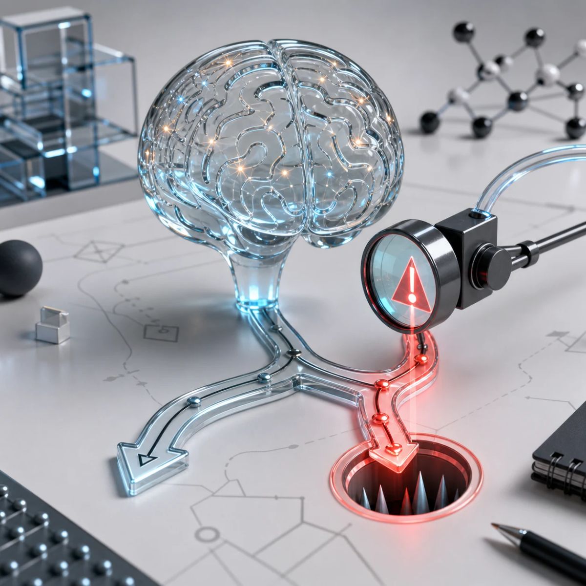 A glass reasoning path highlights a trap branch while a diagnostic lens catches the error