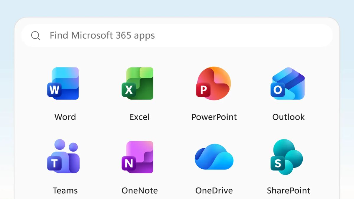 Microsoft 365 app menu with Word, Excel, PowerPoint, Outlook, Teams, OneNote, OneDrive and SharePoint icons