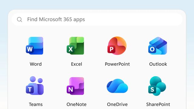 Microsoft 365 app menu with Word, Excel, PowerPoint, Outlook, Teams, OneNote, OneDrive and SharePoint icons