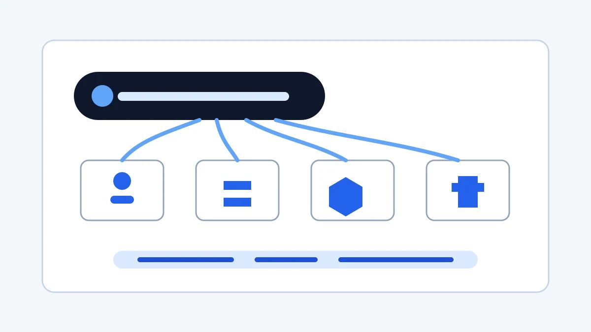 An agent search interface routing to approved tools, skills, and registries