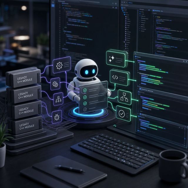 An abstract coding workspace showing agent task lanes moving code blocks between editor panels