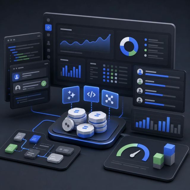 A developer operations dashboard connects Copilot activity, AI credit counters, and team-level usage reports