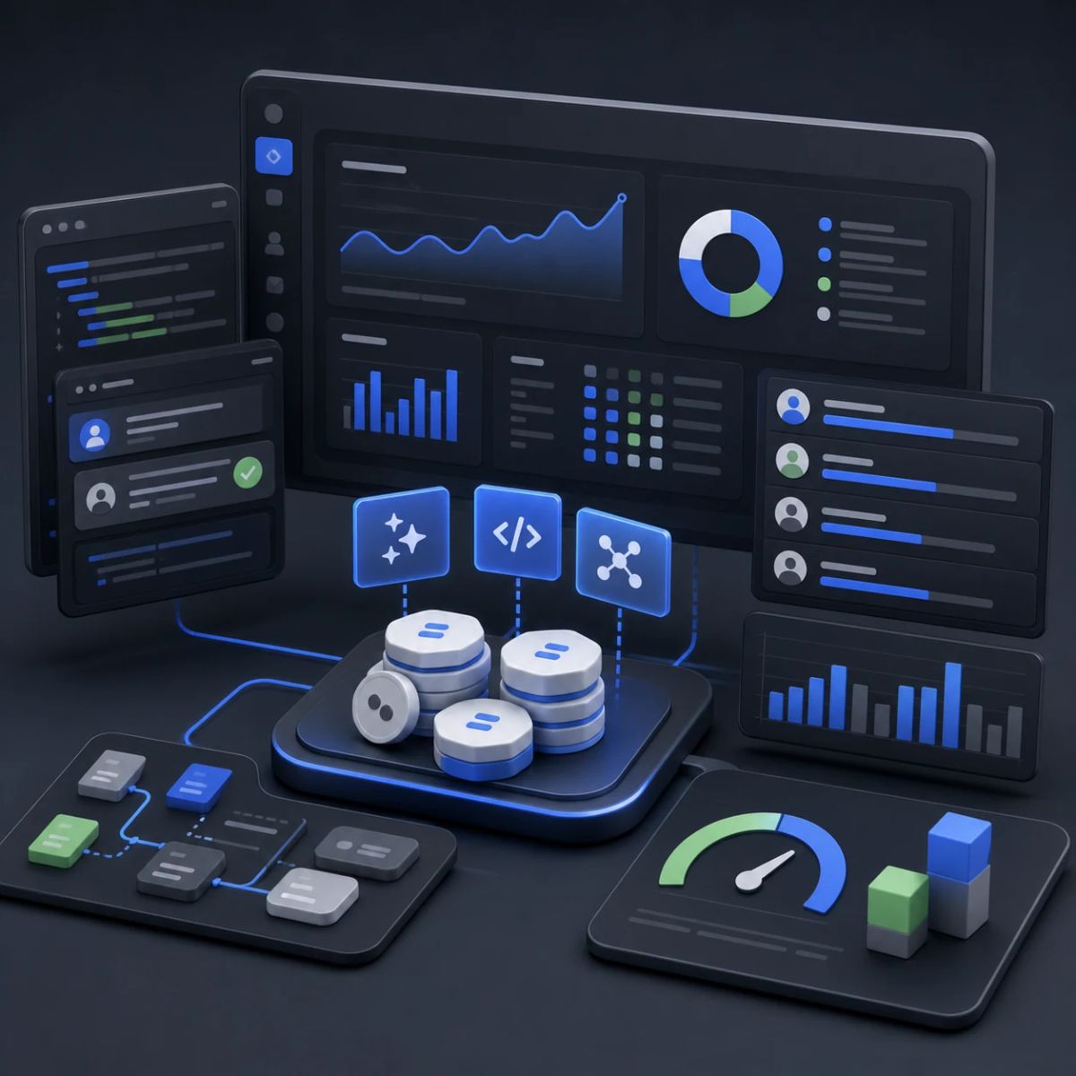 A developer operations dashboard connects Copilot activity, AI credit counters, and team-level usage reports