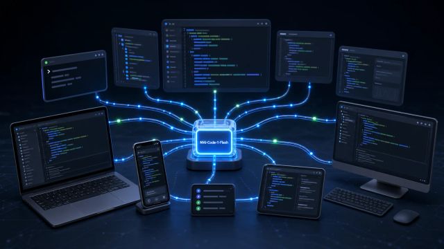 A small coding model module routes glowing code paths to laptops, phones, IDE panels, and command-line surfaces
