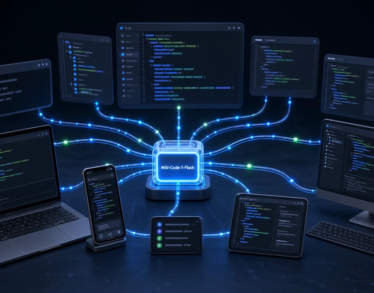 A small coding model module routes glowing code paths to laptops, phones, IDE panels, and command-line surfaces