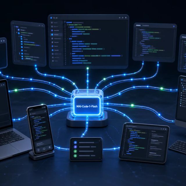 A small coding model module routes glowing code paths to laptops, phones, IDE panels, and command-line surfaces