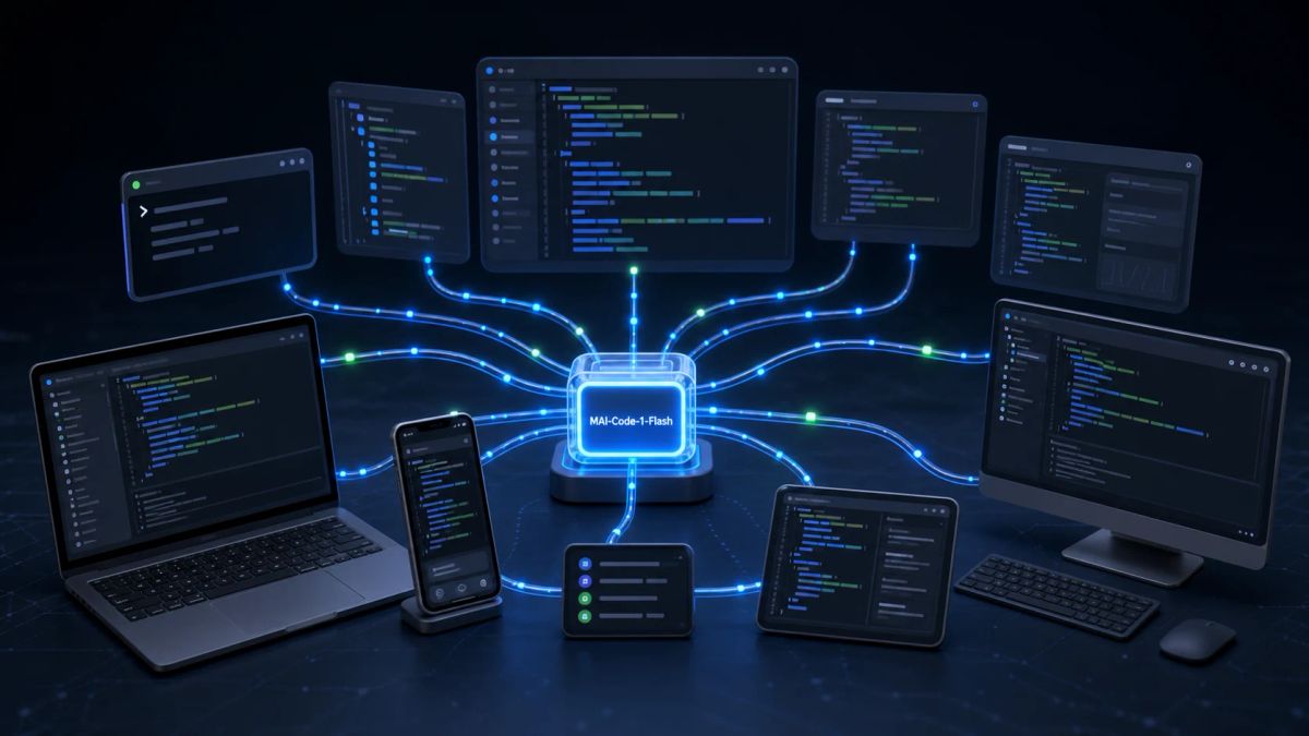 A small coding model module routes glowing code paths to laptops, phones, IDE panels, and command-line surfaces