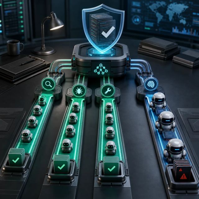 A compact security model routes vulnerability tasks through multiple agent lanes toward a protected codebase