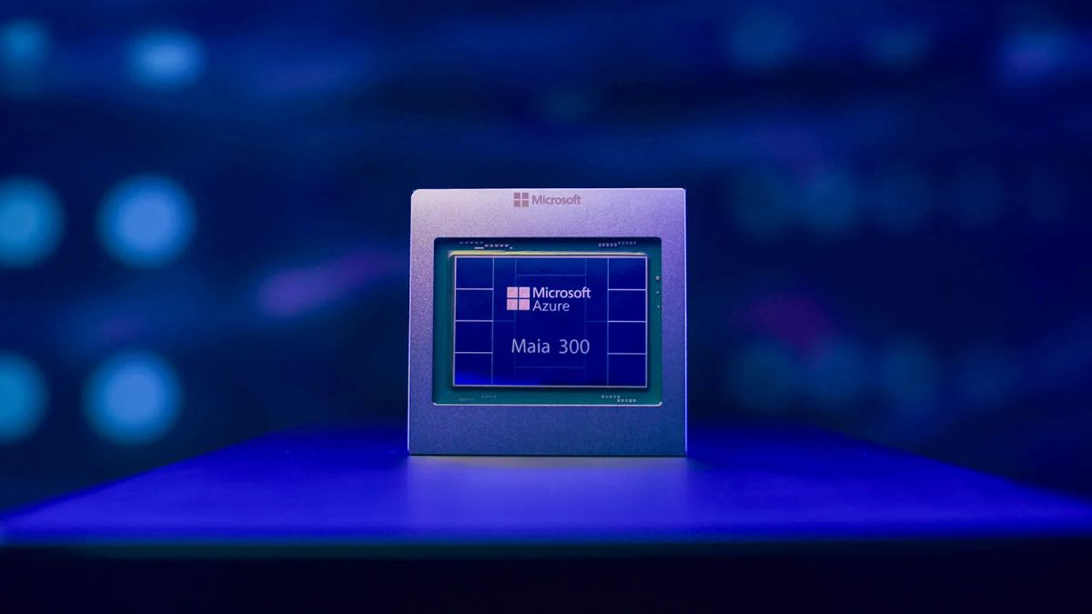 Microsoft Azure Maia 300 prototype chip on a blue-lit platform