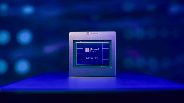 Microsoft Azure Maia 300 prototype chip on a blue-lit platform