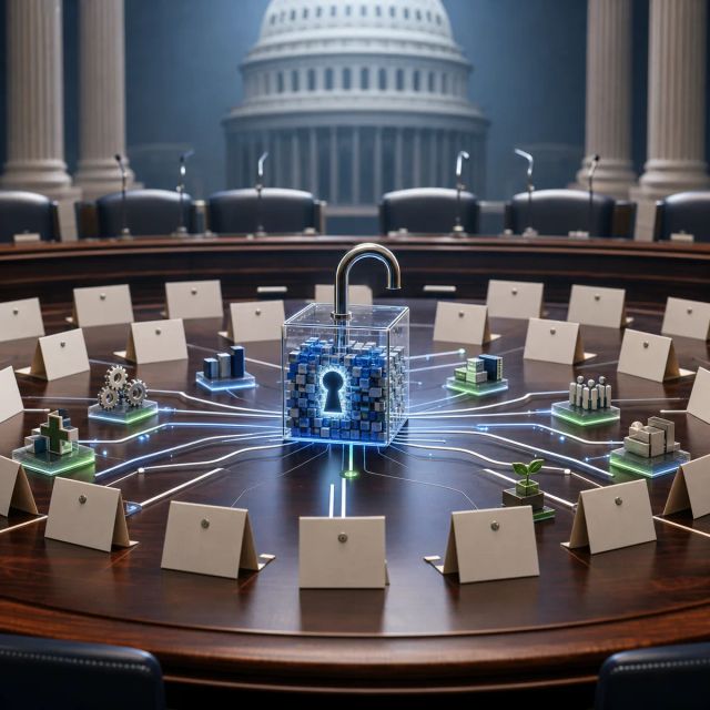 An open AI policy document sits beside model weights, compute racks, and public-institution markers