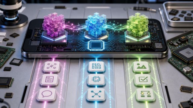 Three abstract model blocks run through benchmark lanes on a smartphone circuit board with mobile chips around the device