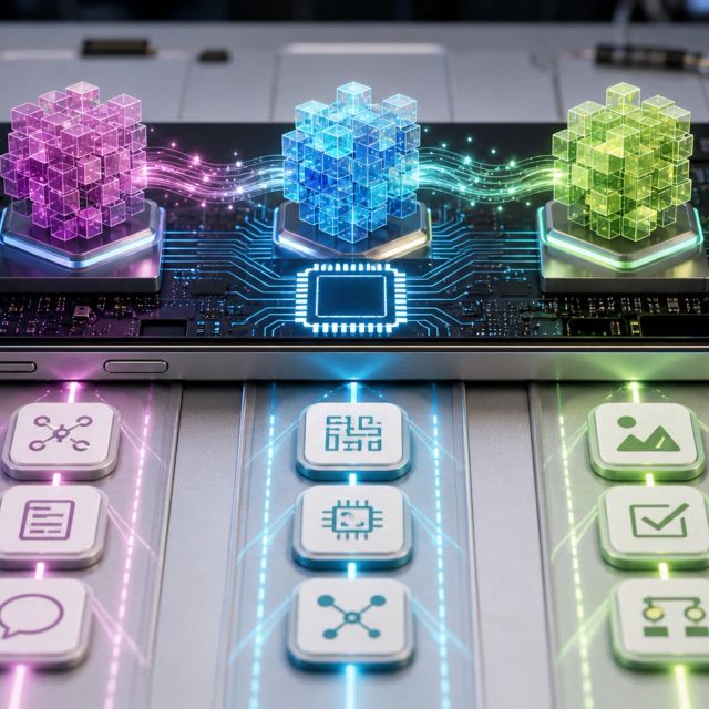 Three abstract model blocks run through benchmark lanes on a smartphone circuit board with mobile chips around the device