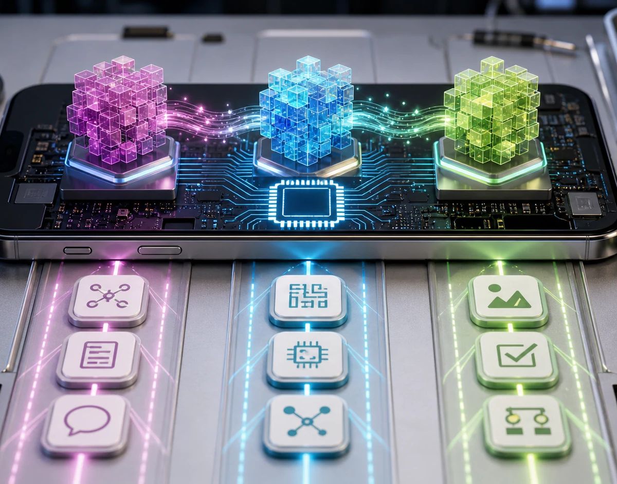 Three abstract model blocks run through benchmark lanes on a smartphone circuit board with mobile chips around the device