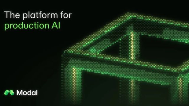 Modal logo and production AI text beside a green graphic of stacked geometric forms