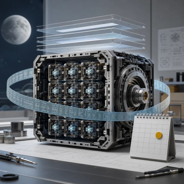 An open model engine sits on a lab table with layered context bands and a release-calendar marker
