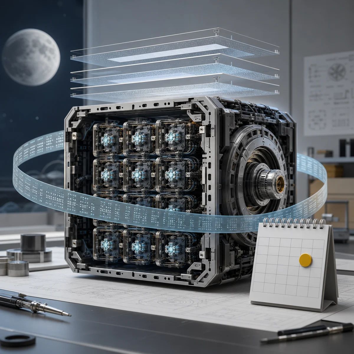An open model engine sits on a lab table with layered context bands and a release-calendar marker