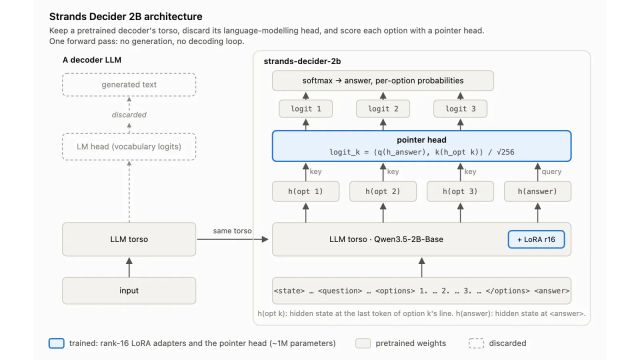 Strands Decider 2B architecture diagram showing a Qwen base model with a pointer head that scores predefined answer options