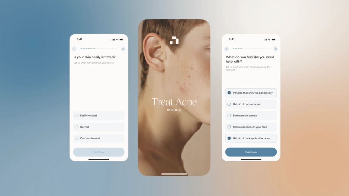 Nolla app screens showing skin sensitivity questions, a face with acne, and treatment concerns