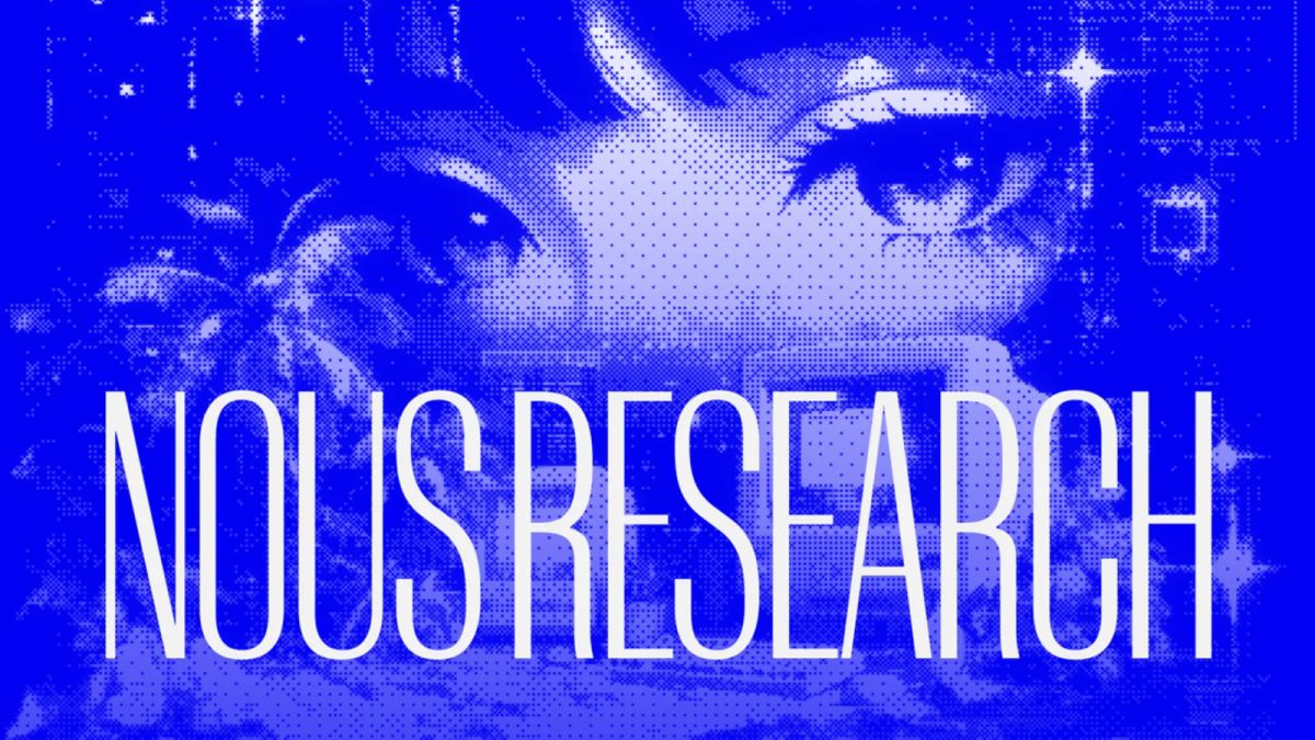 Nous Research name in white over a blue halftone illustration of a face