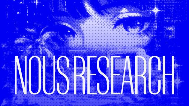Nous Research name in white over a blue halftone illustration of a face