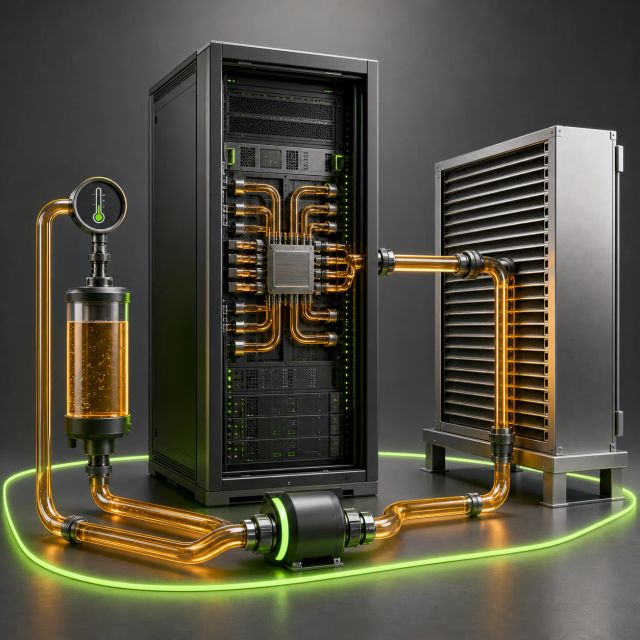 An AI server rack connects to a warm closed-loop liquid cooling system and dry cooler