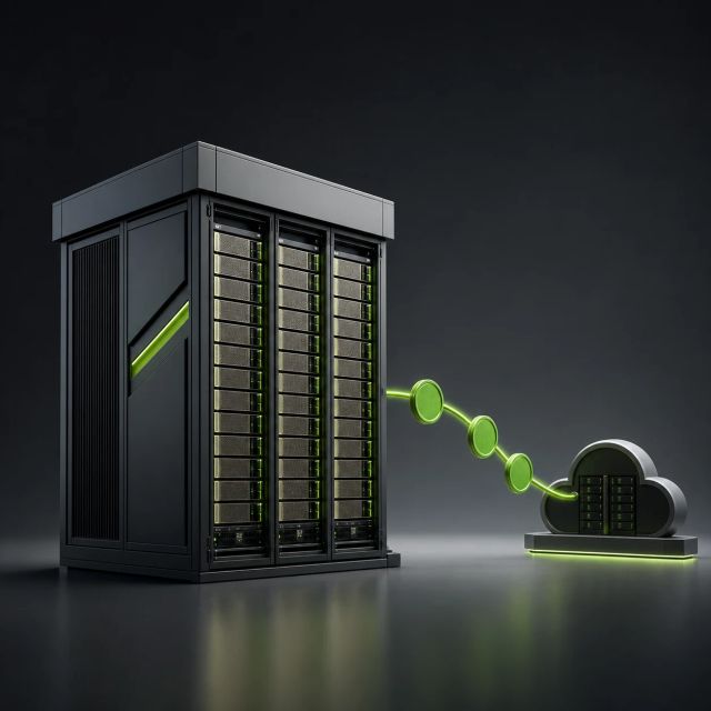 A large AI factory rack sends green revenue tokens toward a smaller cloud node