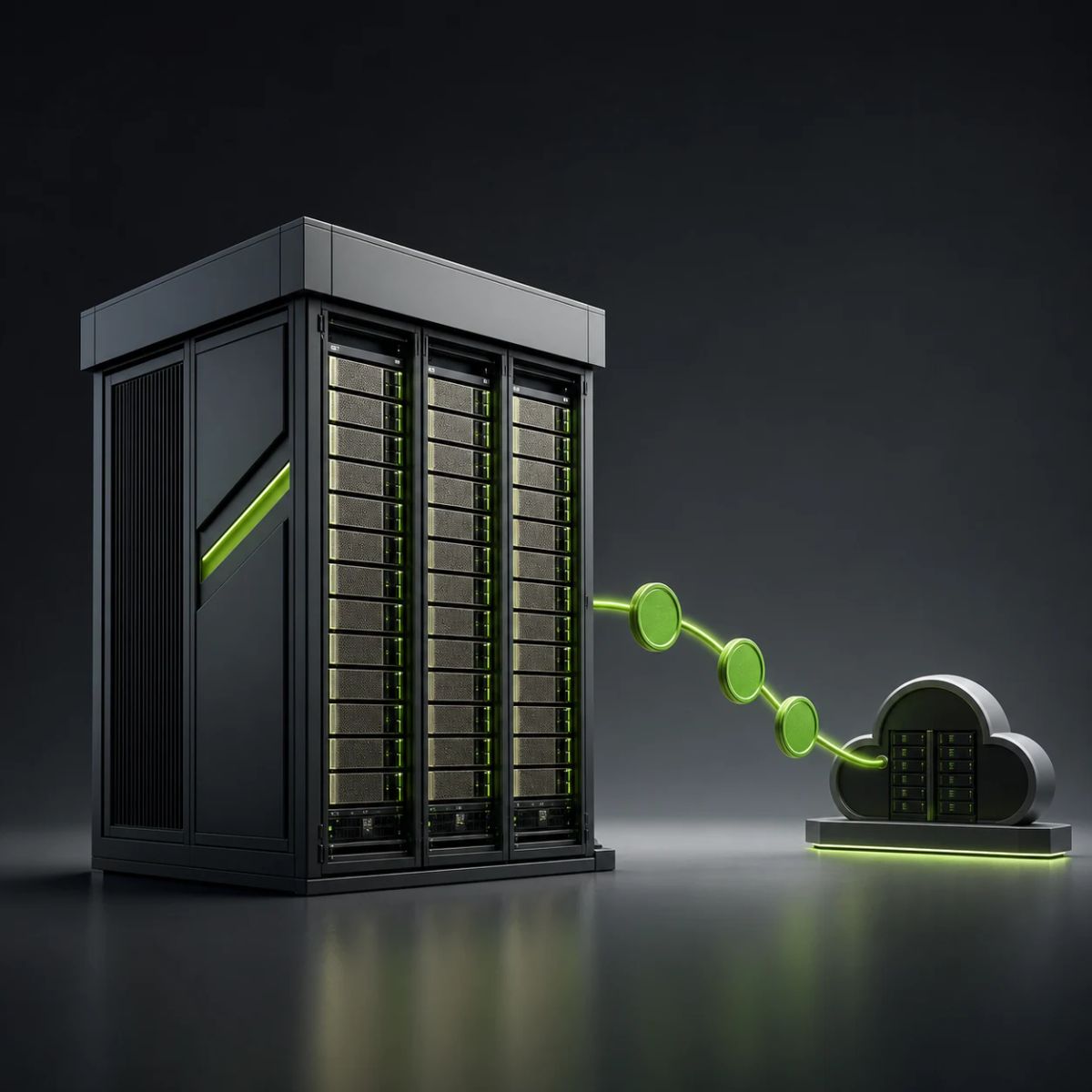 A large AI factory rack sends green revenue tokens toward a smaller cloud node