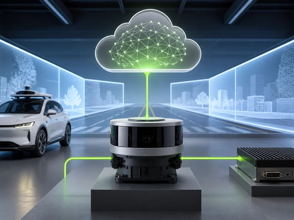 An autonomous vehicle sensor module links a cloud reasoning model to in-vehicle compute inside a simulated road lab