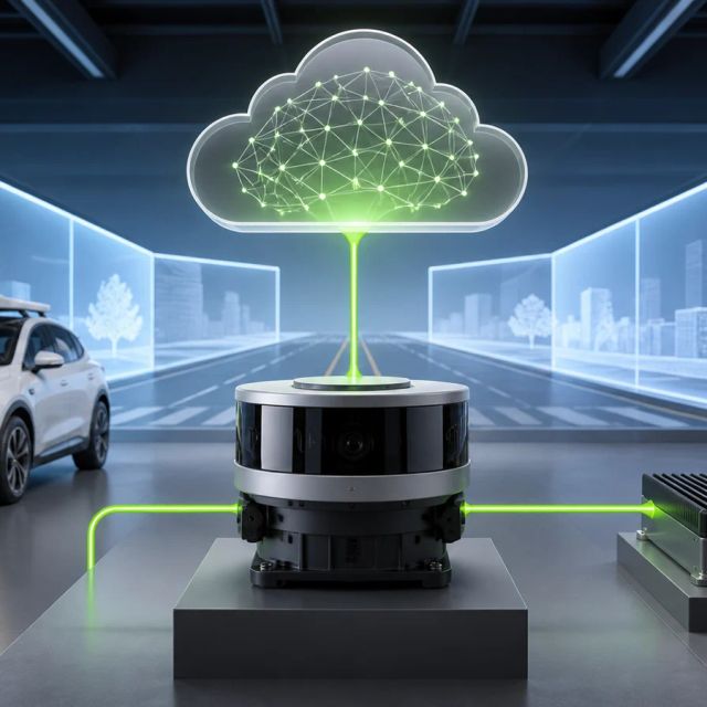 An autonomous vehicle sensor module links a cloud reasoning model to in-vehicle compute inside a simulated road lab