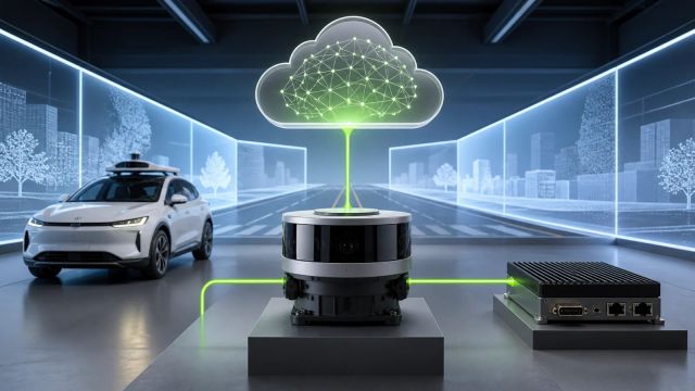 An autonomous vehicle sensor module links a cloud reasoning model to in-vehicle compute inside a simulated road lab