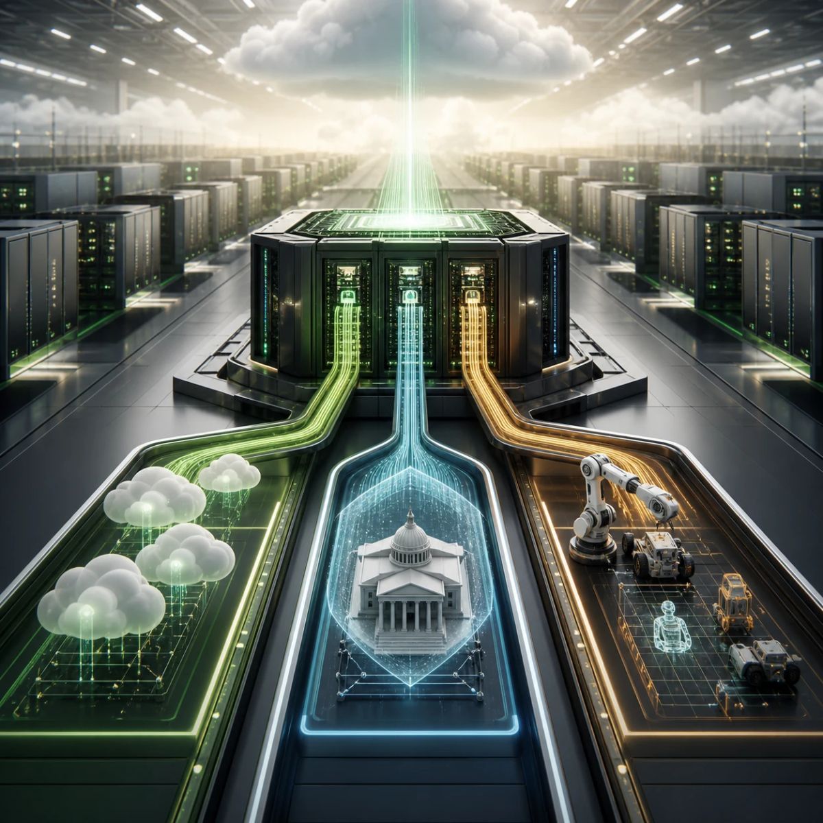 Rows of cloud compute racks expanding toward a central accelerator module with government and robotics lanes branching outward