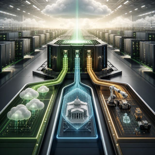 Rows of cloud compute racks expanding toward a central accelerator module with government and robotics lanes branching outward
