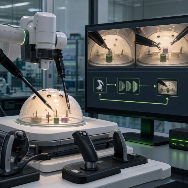 A surgical robot simulator streams generated tabletop suturing frames from robot actions inside a controlled research lab