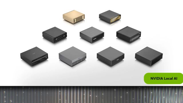 Nine compact desktop systems arranged on a white background above a green NVIDIA Local AI label