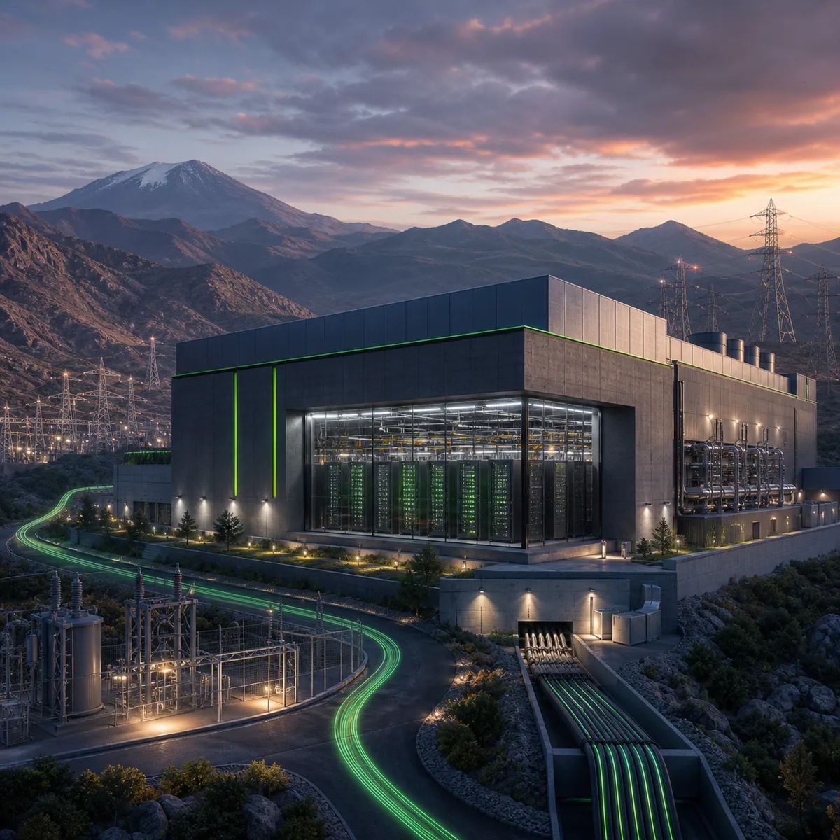 A mountain-side AI factory lights rows of liquid-cooled compute racks connected to regional power lines