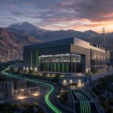 A mountain-side AI factory lights rows of liquid-cooled compute racks connected to regional power lines