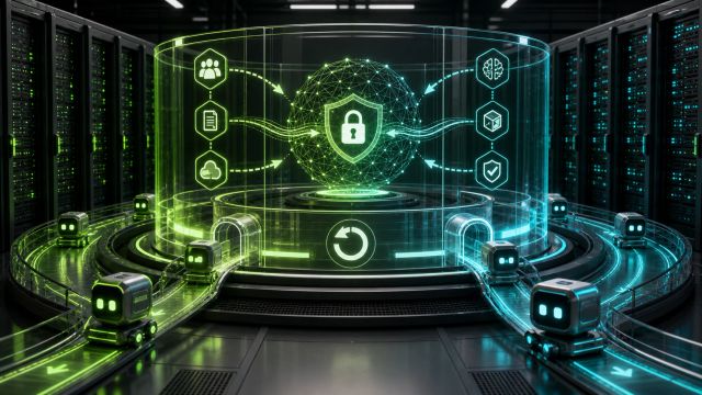 A secure data center control plane with server racks, agent nodes, lock symbols, and rollback controls shown as abstract infrastructure
