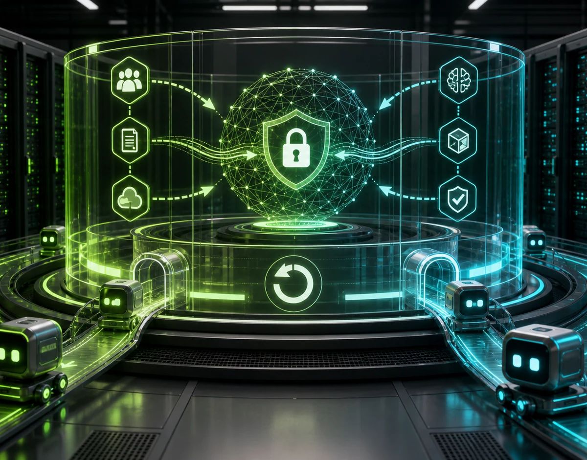 A secure data center control plane with server racks, agent nodes, lock symbols, and rollback controls shown as abstract infrastructure