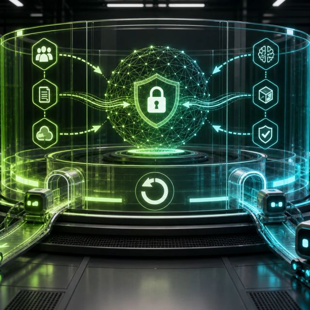 A secure data center control plane with server racks, agent nodes, lock symbols, and rollback controls shown as abstract infrastructure