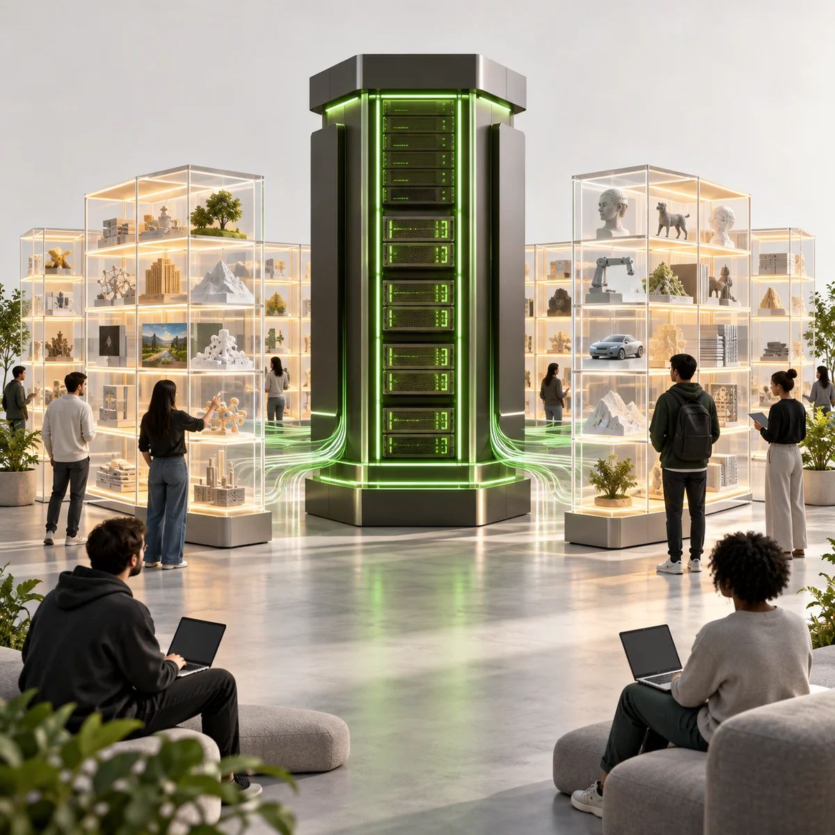A green-accented compute pillar supports an open model library used by developers