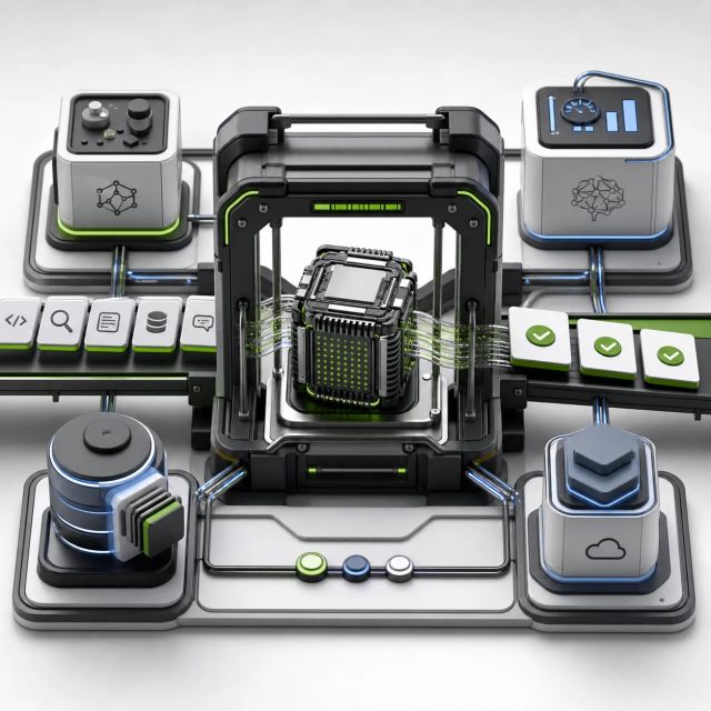 A modular agent harness surrounds a compact model core connected to tools, memory, evaluation, and runtime modules
