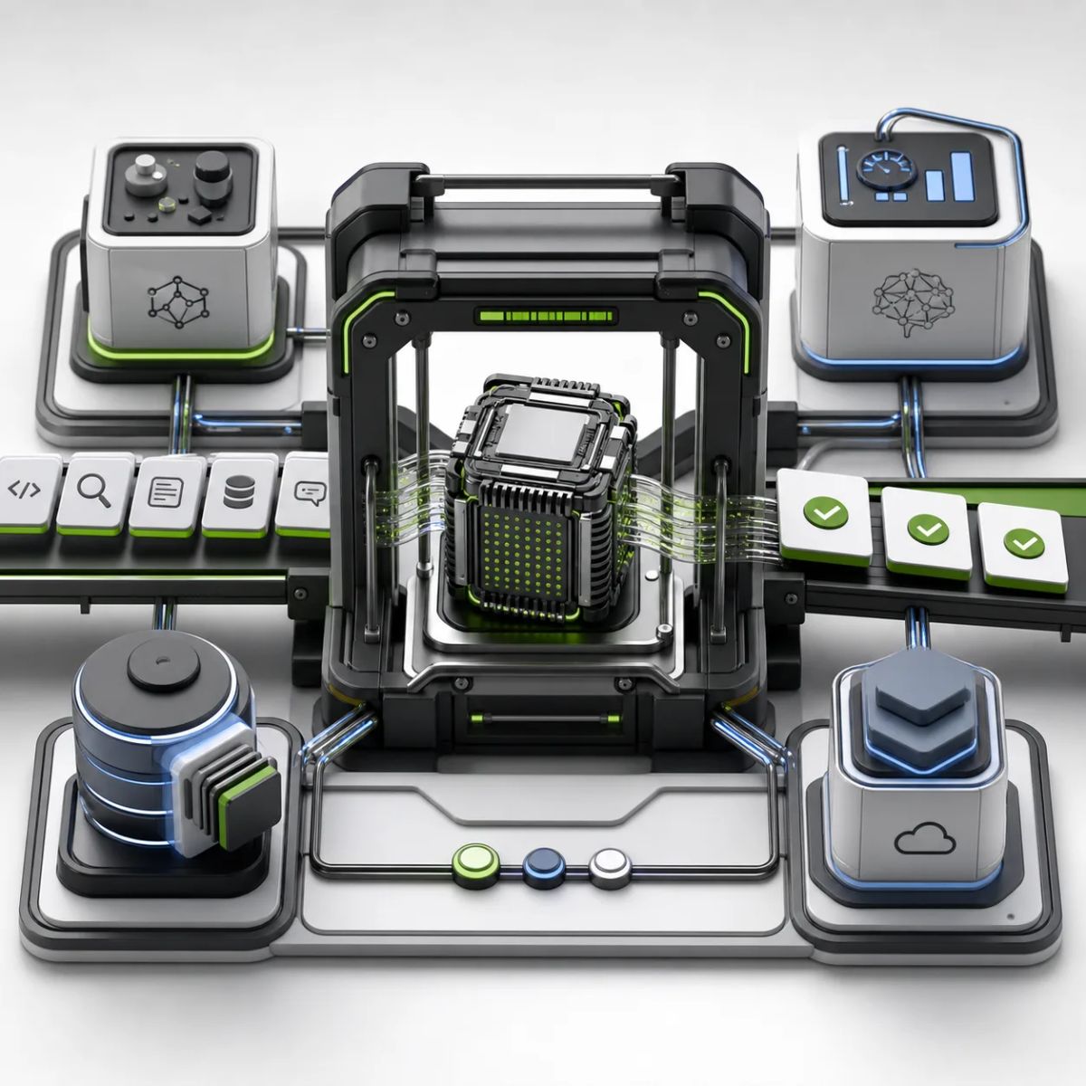 A modular agent harness surrounds a compact model core connected to tools, memory, evaluation, and runtime modules
