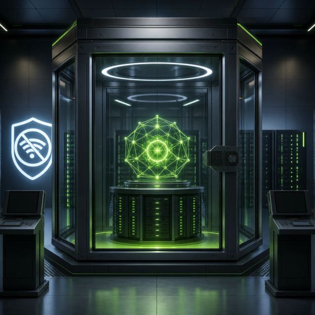 A green open-model core runs inside a sealed air-gapped compute chamber
